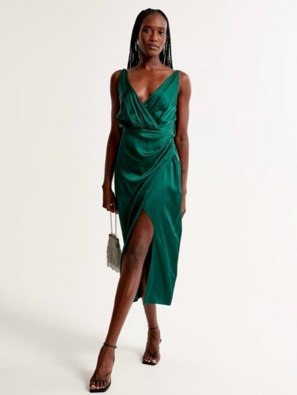 Abercrombie & Fitch Emerald Green Satin Wrap Midi Dress